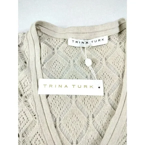 Trina Turk Sweater Dress Womens Small Tan Manzanillo Fringe Hem Minimalist Basic